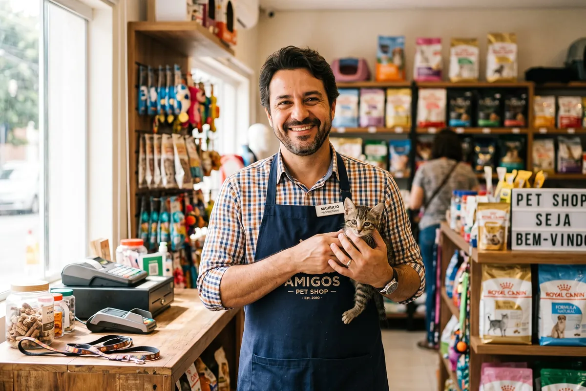 Dono de pet shop brasileiro sorrindo com celular no balcão