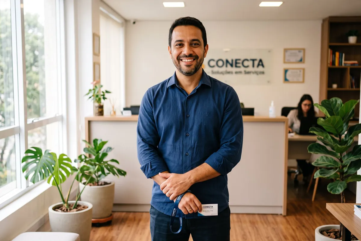 Empresário brasileiro de serviços sorrindo em recepção de escritório